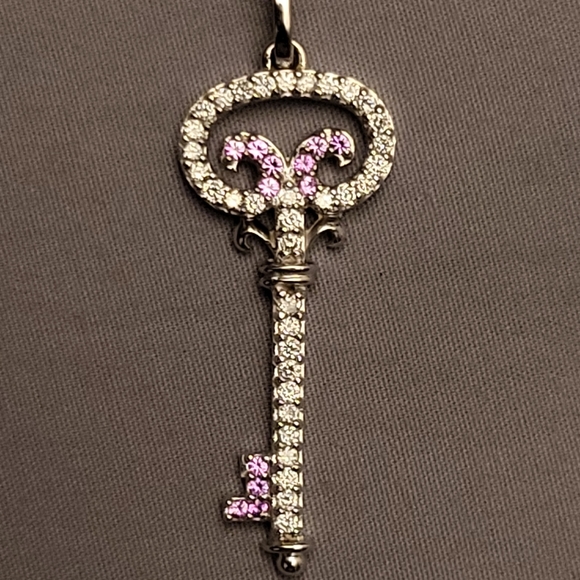 14K WHITE GOLD, DIAMOND & PINK SAPPHIRE KEY PENDANT - CUSTOM ONE OF A KIND! - Picture 1 of 4